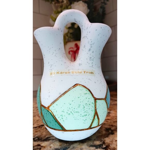2 Spout Vase Ceramic Native Wedding Ceremonies Stile Signed Mesa 22k Gold - Picture 1 of 10